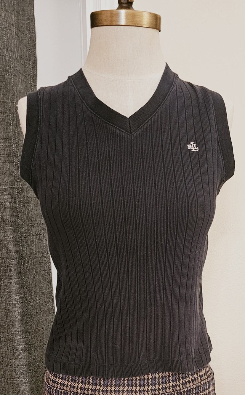 Vtg 90s Lauren Ralph Lauren Ribbed V-Neck Sweater Vest Black Medium 100% Cotton